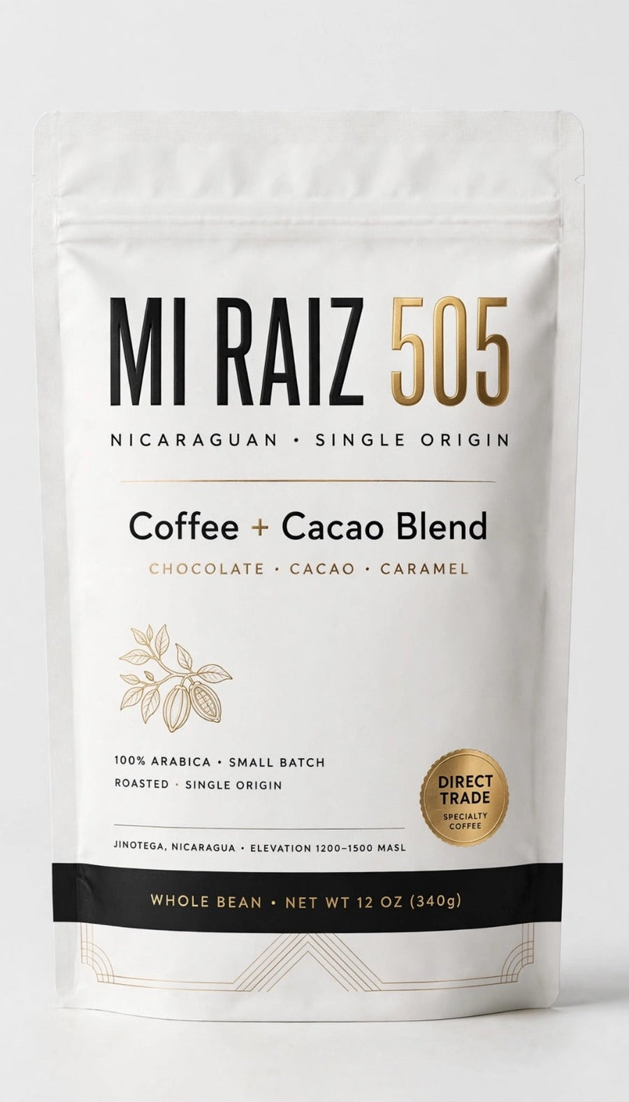 MI RAÍZ 505 coffee bag — white bag with black and gold branding