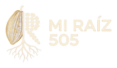 MI RAÍZ 505 main logo — Cacao Pod Mark, cream and gold on transparent