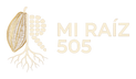MI RAÍZ 505 main logo — Cacao Pod Mark, cream and gold on transparent